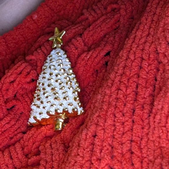 Vintage Donni Flocked Christmas Tree Brooch Porcelain Gold Tone - Picture 5 of 10